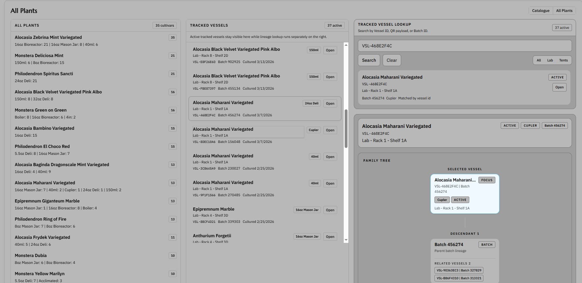 All plants screenshot showing a broad inventory view across active plant material
