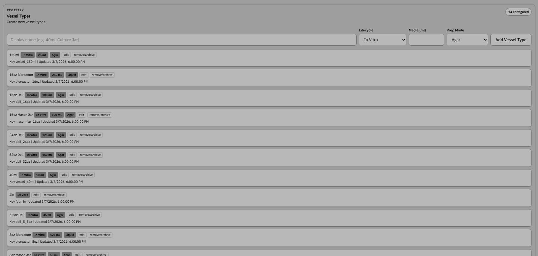 Vessel types screenshot showing configured vessel formats used in tissue culture tracking